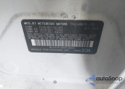 2017 Mitsubishi Mirage G4 Es from USA, damaged, VIN ML32F3FJ4HHF14610